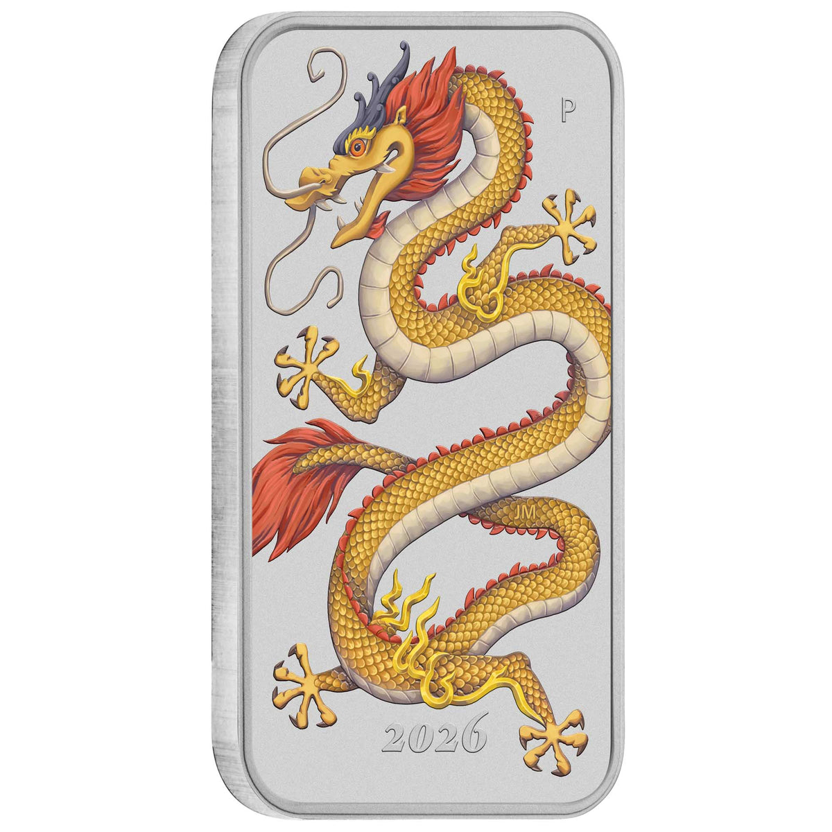 Golden Dragon 2026 1oz Silver Coloured Rectangular Coin in Card.
