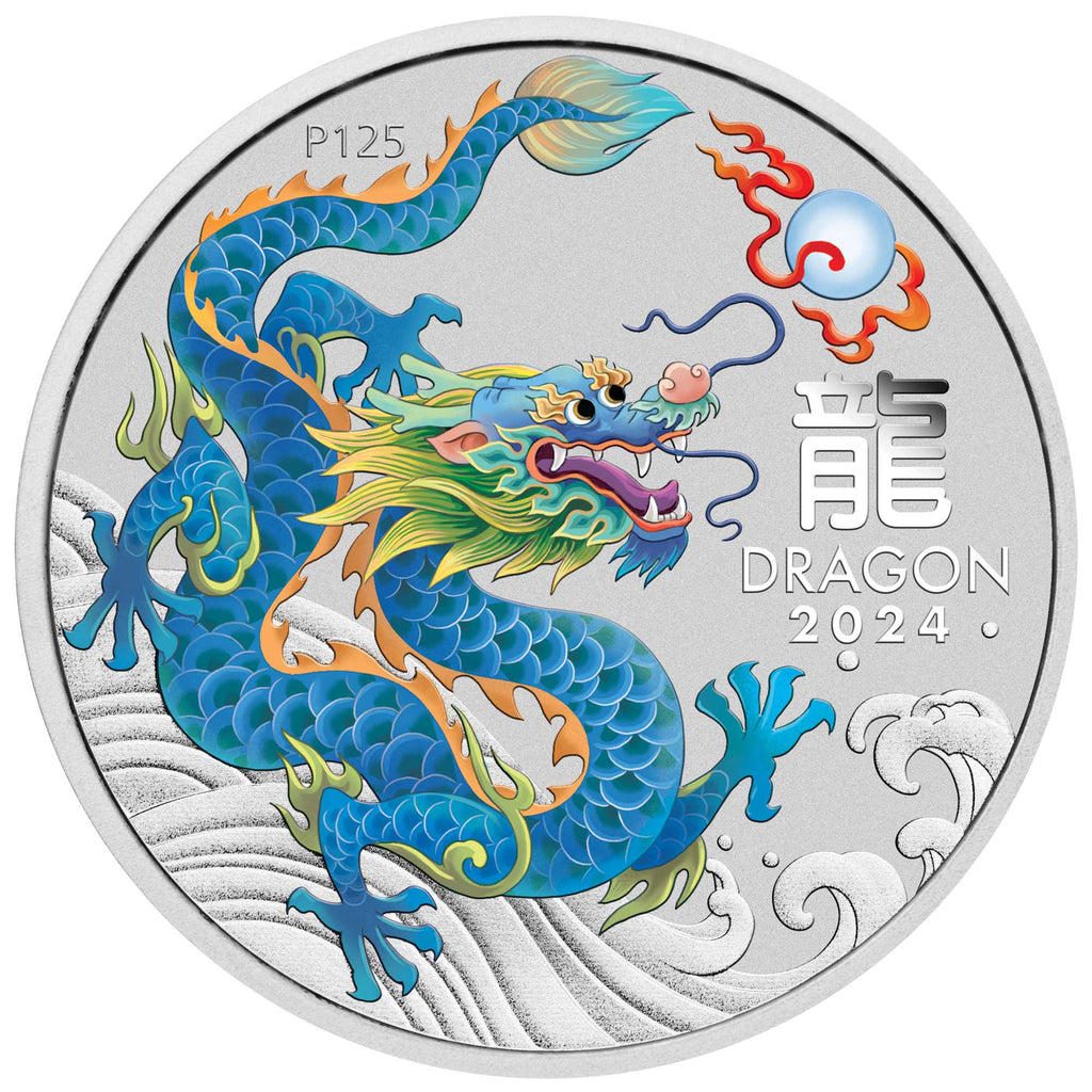 Perth Money Expo ANDA Special Australian Lunar Series III 2024 Year of the Dragon 1oz Silver Teal Coloured Coin in Card