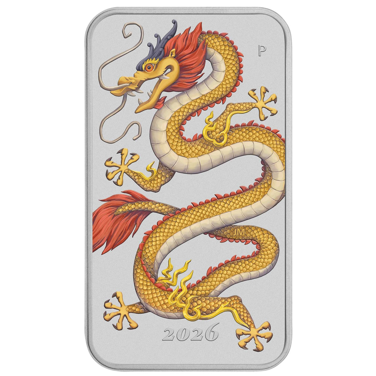 Golden Dragon 2026 1oz Silver Coloured Rectangular Coin in Card.