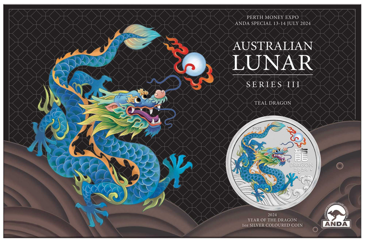 Perth Money Expo ANDA Special Australian Lunar Series III 2024 Year of the Dragon 1oz Silver Teal Coloured Coin in Card