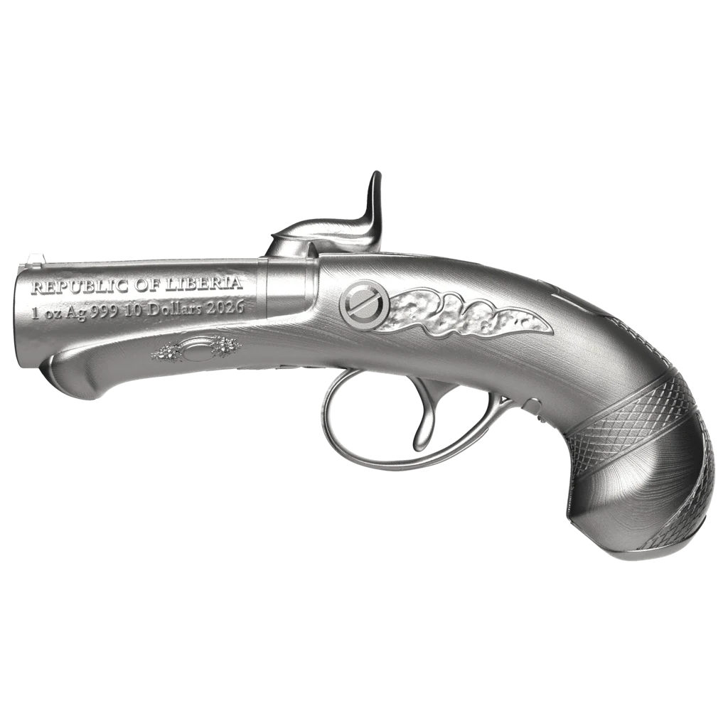 2026 Liberia Deringer Pistol Shaped 1oz Silver Antique 3D Coin – Mintage 1,000