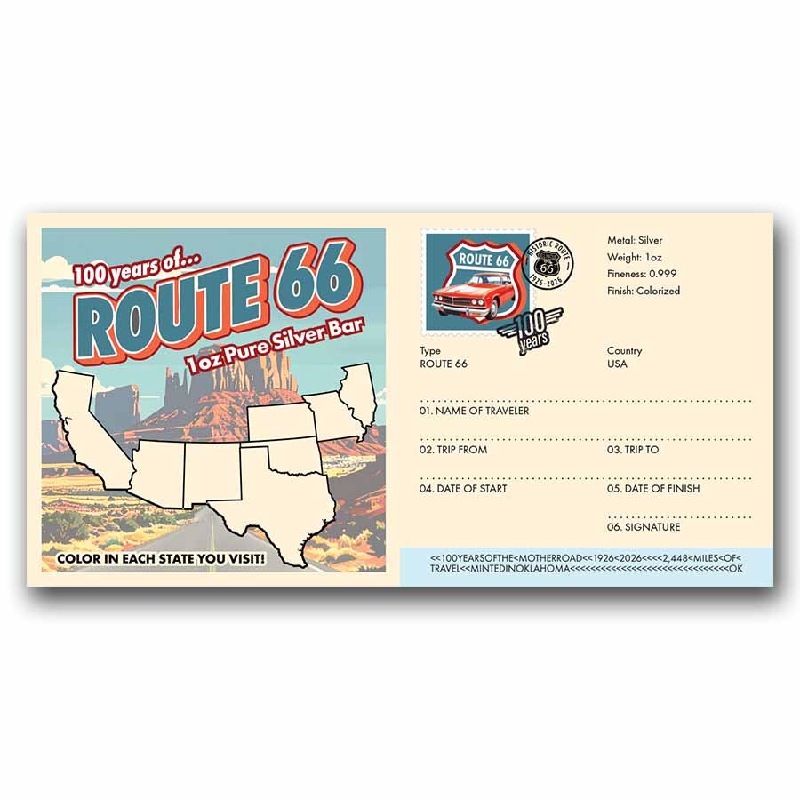 1 oz Silver Colorized Bar - Route 66 100th Anniversary