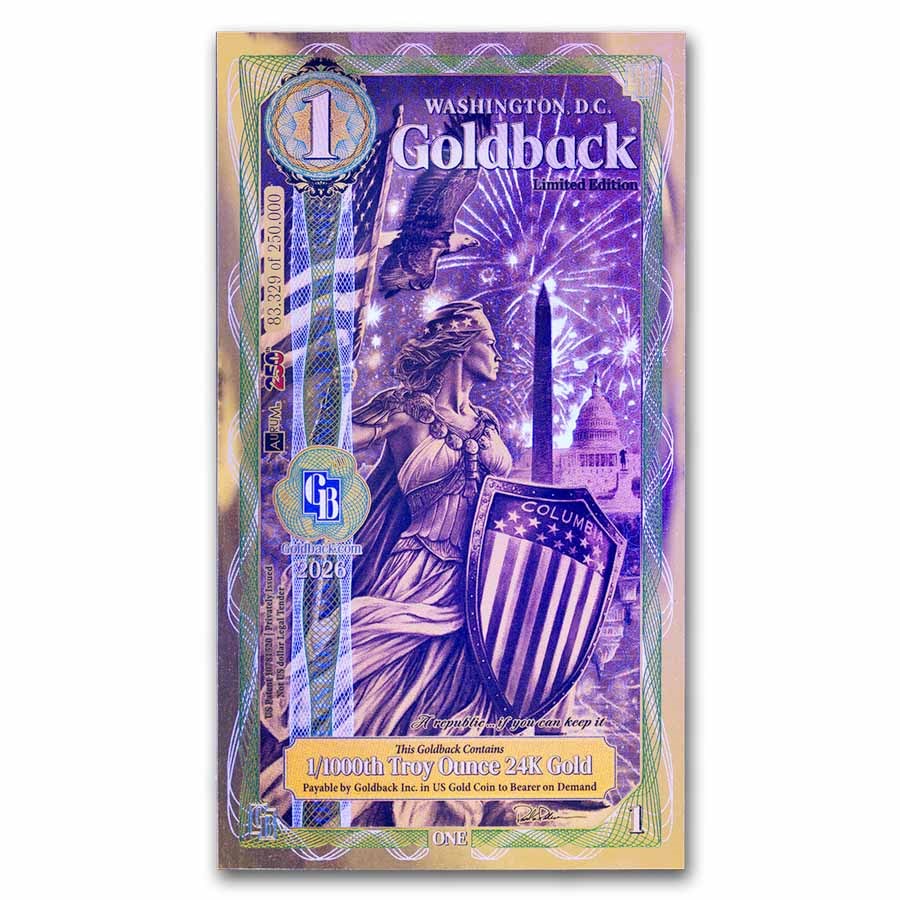 2026 Washington D.C. 1 Goldback – 24K Gold Note – 250,000 Mintage