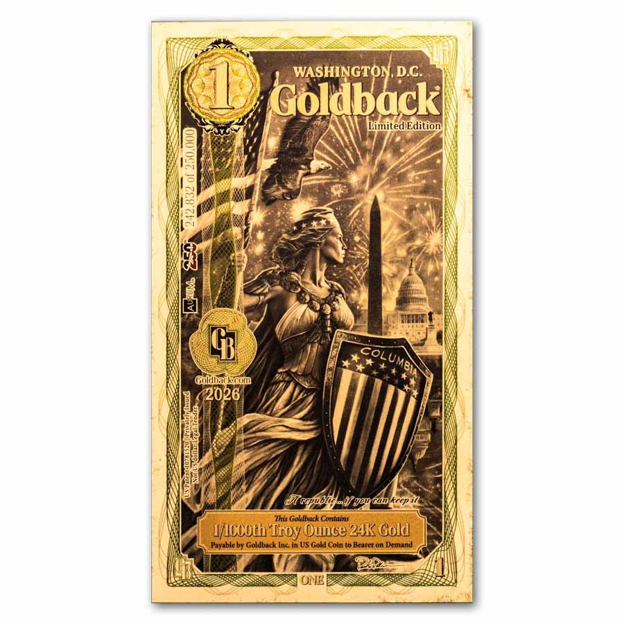 2026 Washington D.C. 1 Goldback – 24K Gold Note – 250,000 Mintage