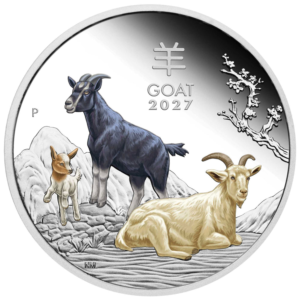 Australian Lunar Series III 2027 Year of the Goat 1oz Silver Proof Coloured Coin.