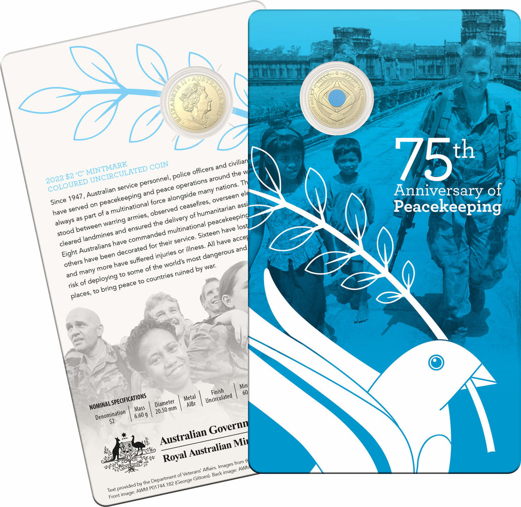 2022 Australian $2 75th Anniversary of Peacekeeping C Mintmark Coloured Uncirculated Coin Royal Australian Mint mintage 60000