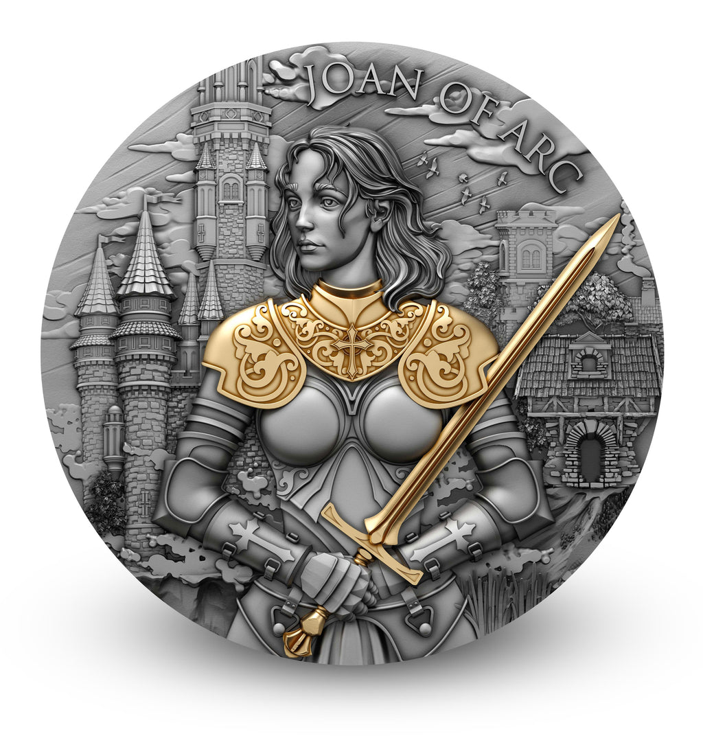 2024 Joan of Arc Legendary Warriors 2oz Silver High Relief Antiqued Coin Niue $5 with Selective Gold Gilding – Limited Mintage 500
