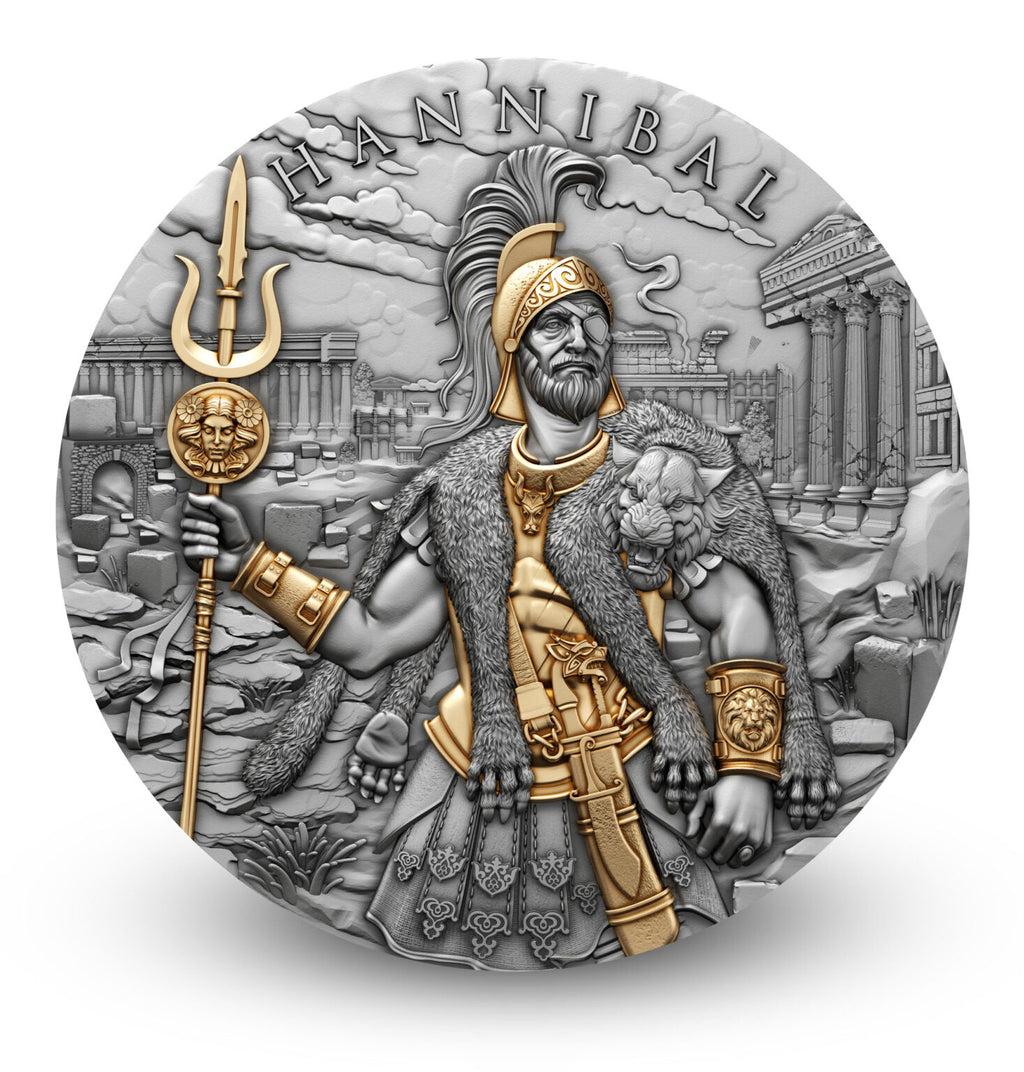 2025 Hannibal Legendary Warriors 2oz Silver High Relief Antiqued Coin Niue $5 with Selective Gold Gilding – Limited Mintage 500