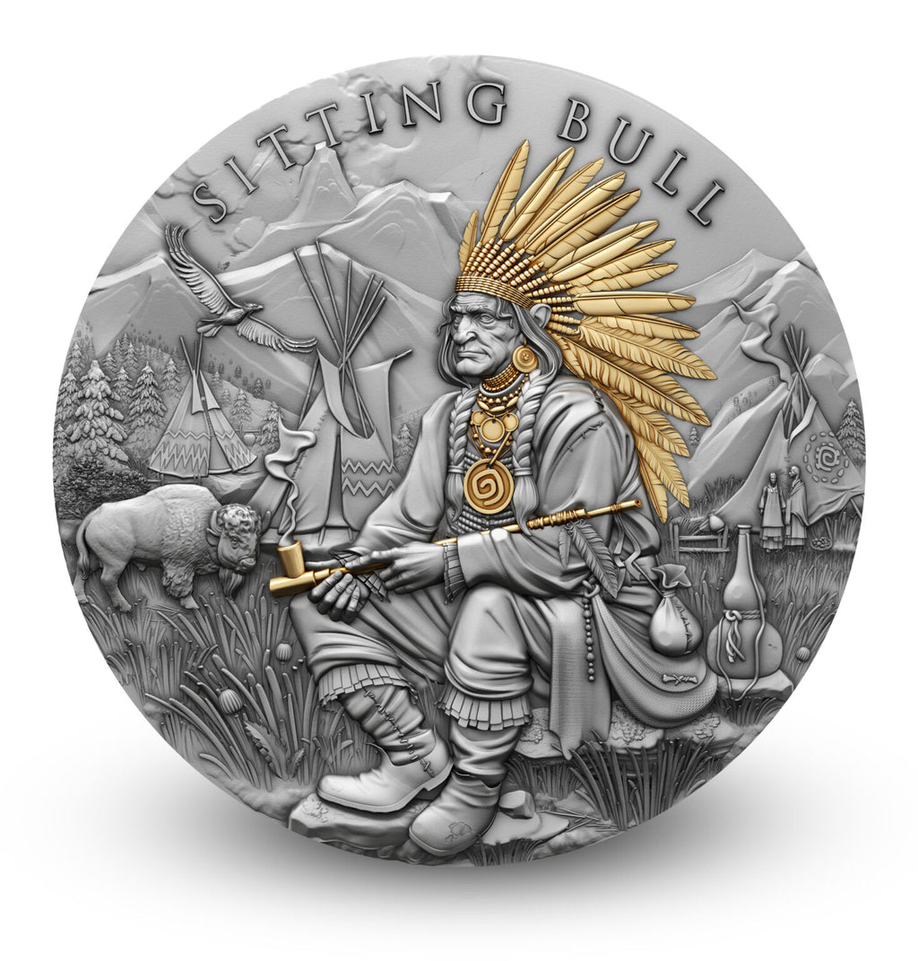 2025 Sitting Bull Legendary Warriors 2oz Silver High Relief Antiqued Coin Niue $5 with Selective Gold Gilding – Limited Mintage 500
