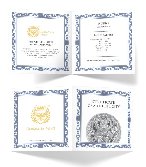 2026 Germania Mint Norns: Werdanda 1oz Silver BU Coin – 5 Mark .9999 Fine Silver
