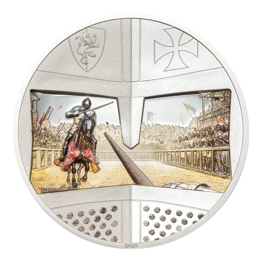 2026 Cook Islands JOUSTING Knight Games five dollar one ounce silver collectible coin featuring medieval jousting theme