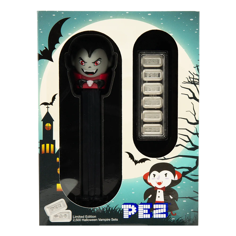 2026 PEZ Halloween Vampire Pure Silver Gift Set featuring vampire themed PEZ collectible silver presentation