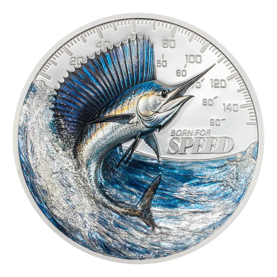 2027 Born for Speed Sailfish five dollar one ounce ultra high relief coloured silver proof coin featuring marine wildlife artwork
