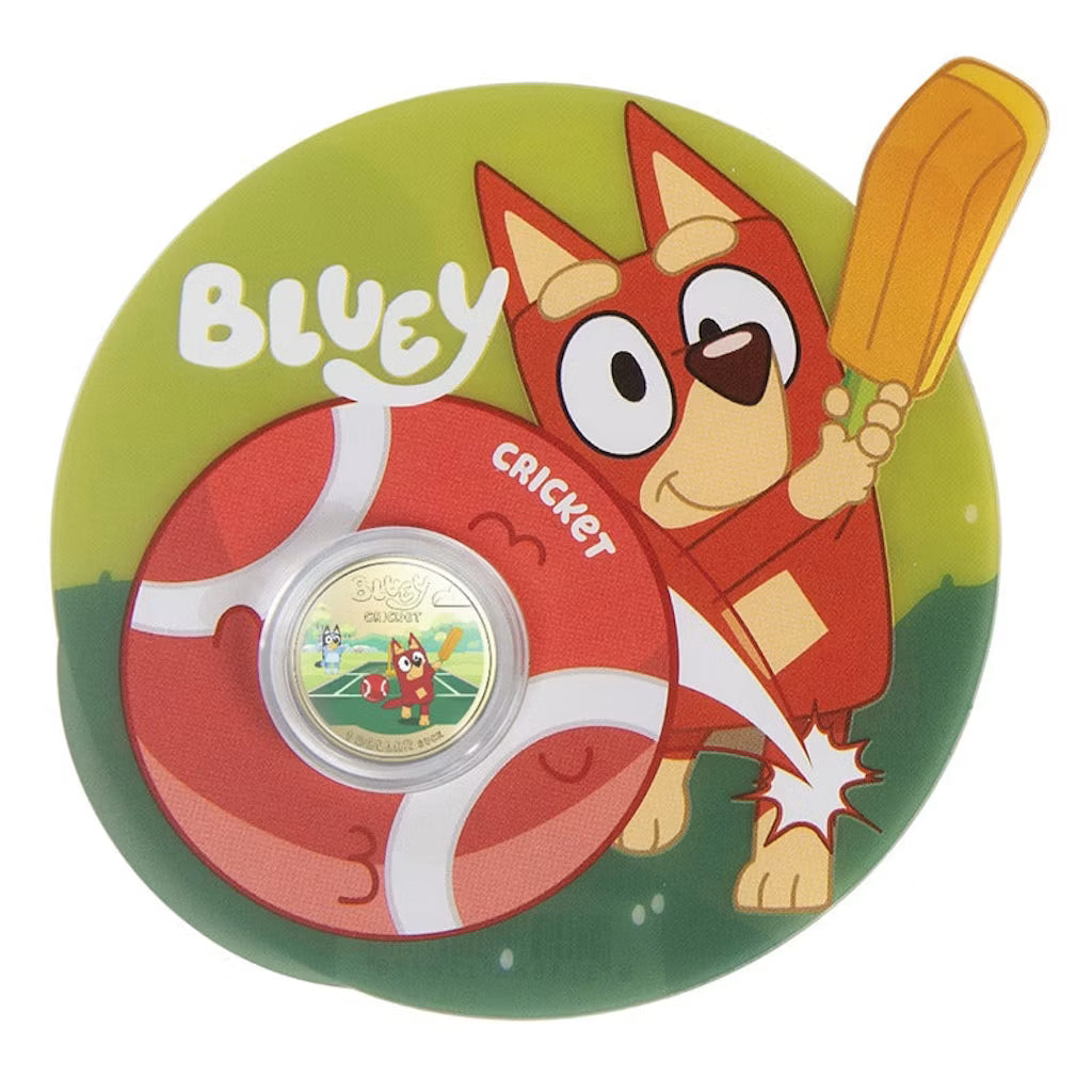 2027 $1 Bluey Cricket Coloured Uncirculated Coin Royal Australian Mint featuring Bluey and Rusty