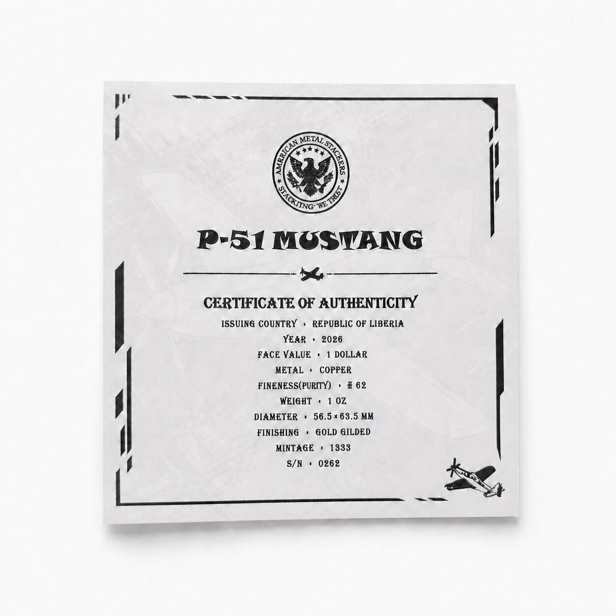 P-51 Mustang Shaped 1oz Copper Medal – WWII Fighter Aircraft Collectible