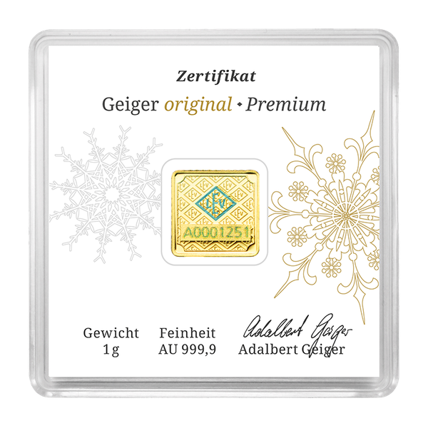 Geiger Original Christmas Edition – 1g .9999 Fine Gold Square Bar in Capsule
