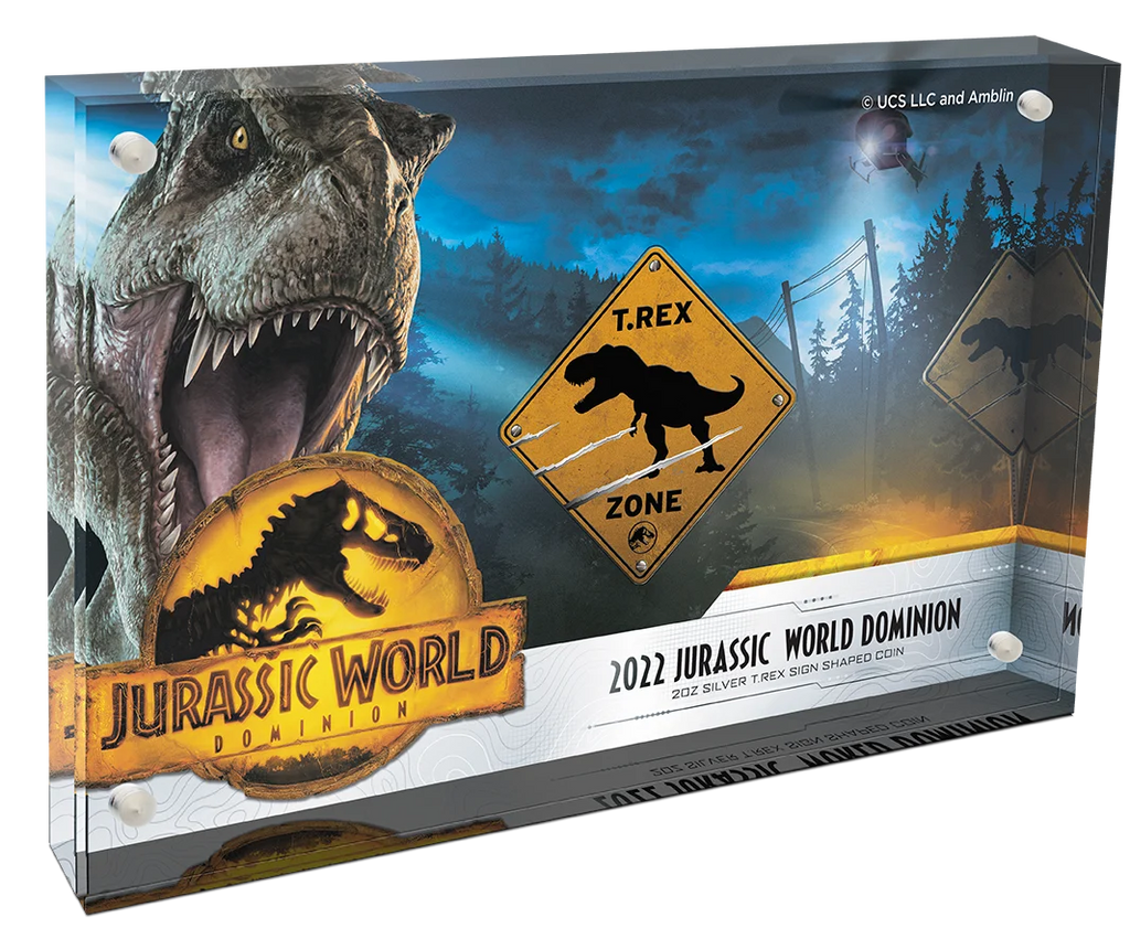 2022 Jurassic World Dominion 2oz Silver T. Rex Sign Shaped Coin 005/600 COA