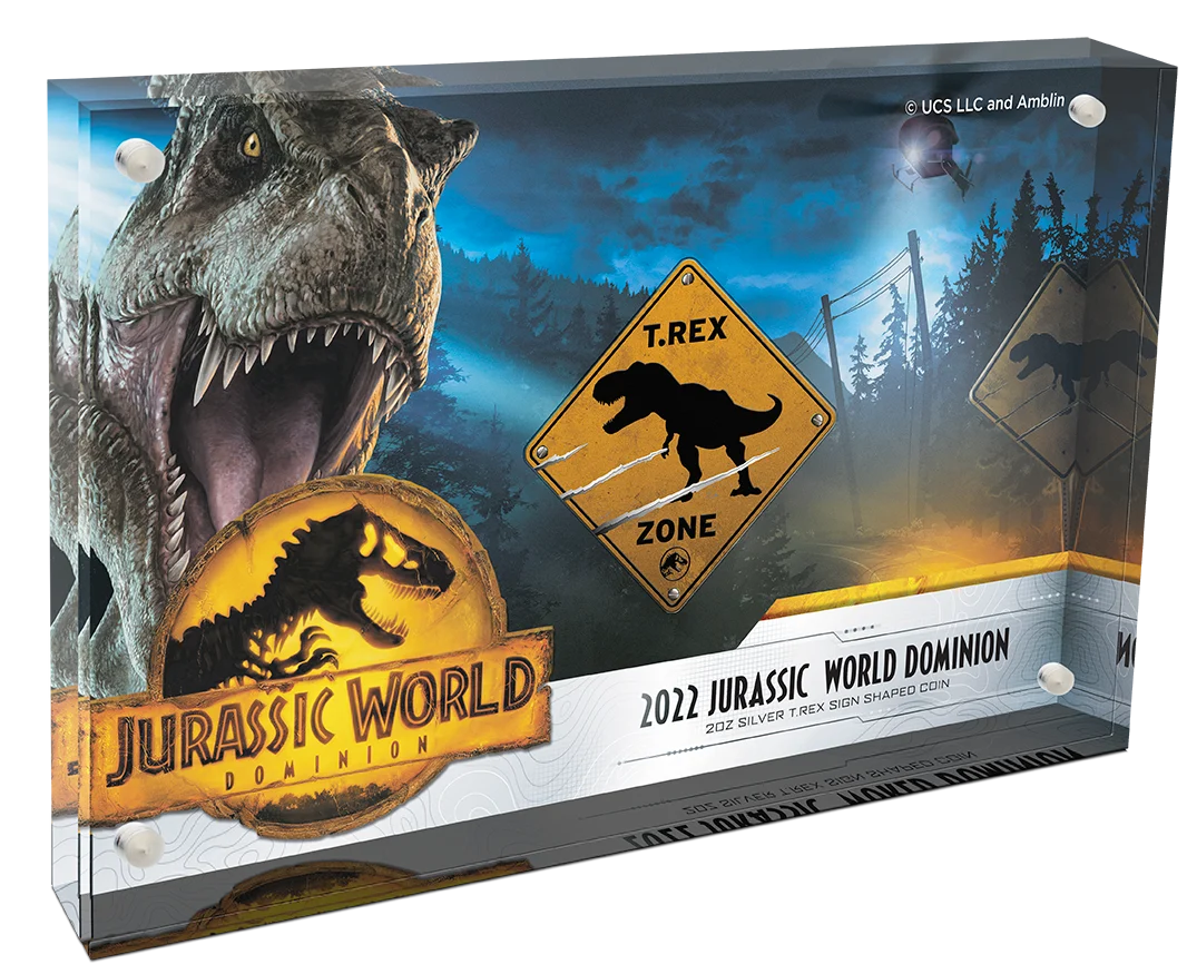 2022 Jurassic World Dominion 2oz Silver T. Rex Sign Shaped Coin 005/600 COA