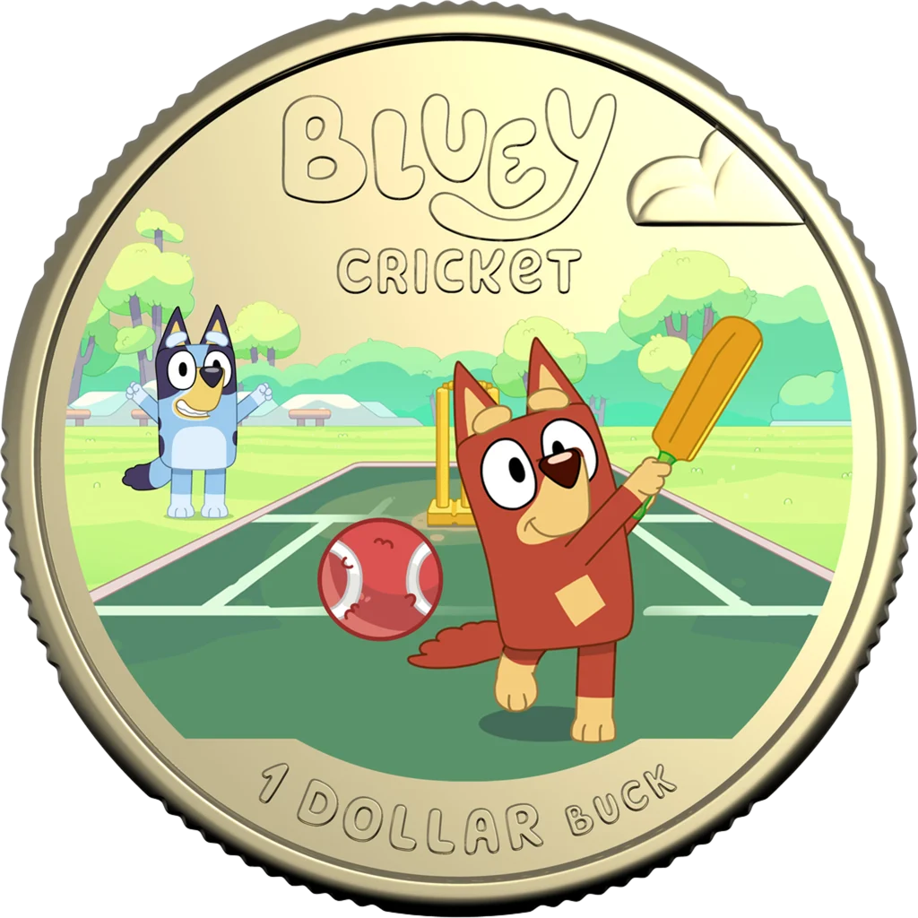 2027 Bluey Cricket $1 Coloured Uncirculated Coin in Royal Australian Mint Presentation Card