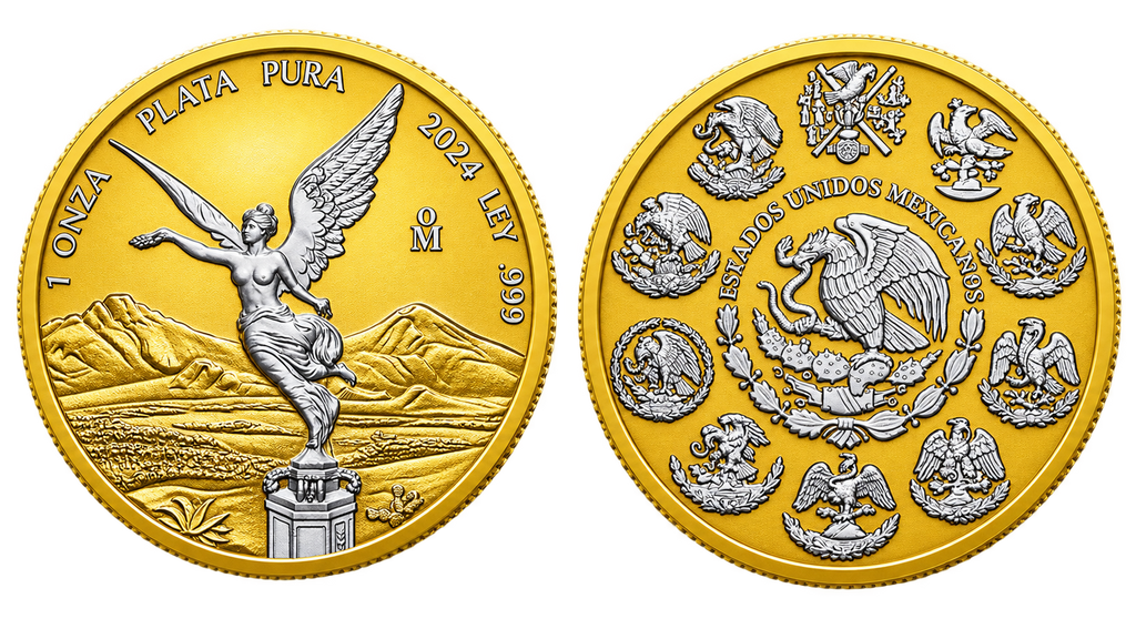2024 Mexico Libertad – Yellow Gold & White Rhodium 1oz .999 Silver Coin – 500 Mintage
