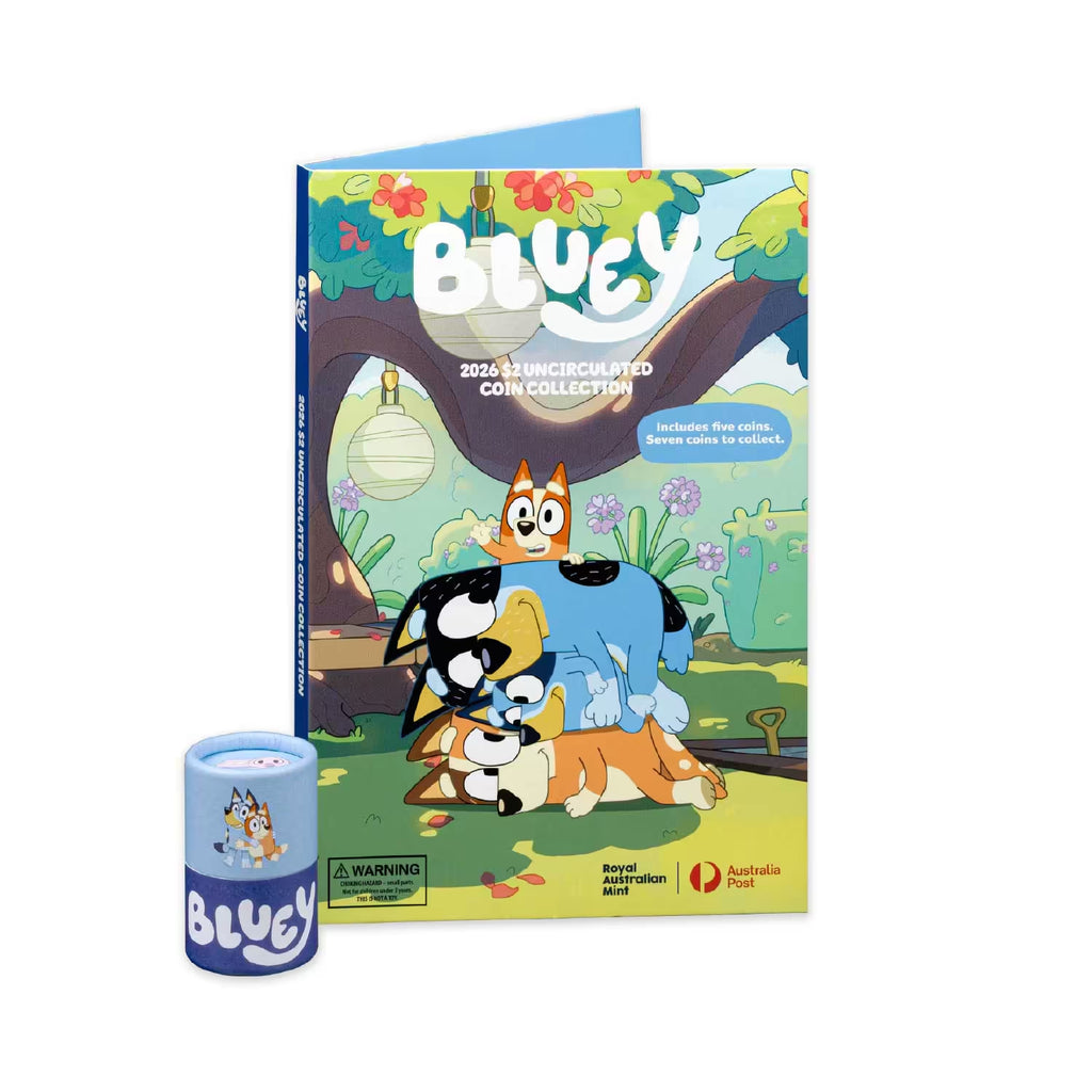 Bluey 2026 Folder and Tube Set featuring five Australian $2 Bluey coin designs and collector folder for seven coins