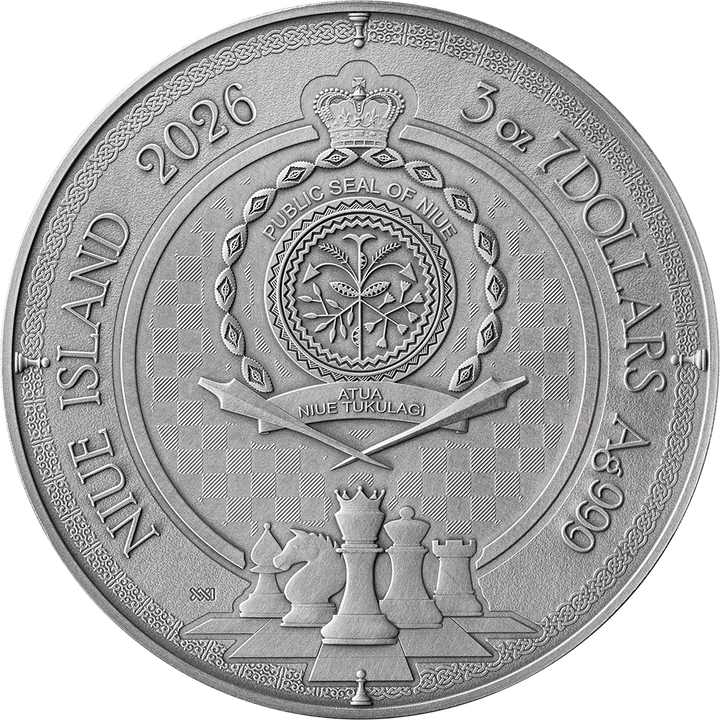 Chess Battle: Queen’s Gambit 2026 3 oz Silver Antique High Relief Coin - MINT XXI