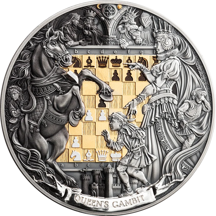 Chess Battle: Queen’s Gambit 2026 3 oz Silver Antique High Relief Coin - MINT XXI