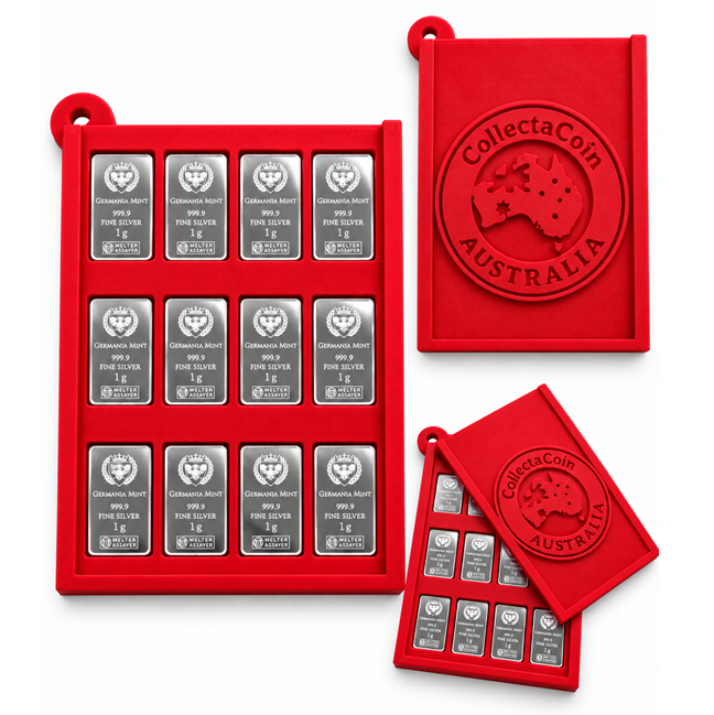 Red CollectaCoin Australia 3D printed wallet with 12 Germania Mint 1g .9999 fine silver bars and matching sliding logo cover