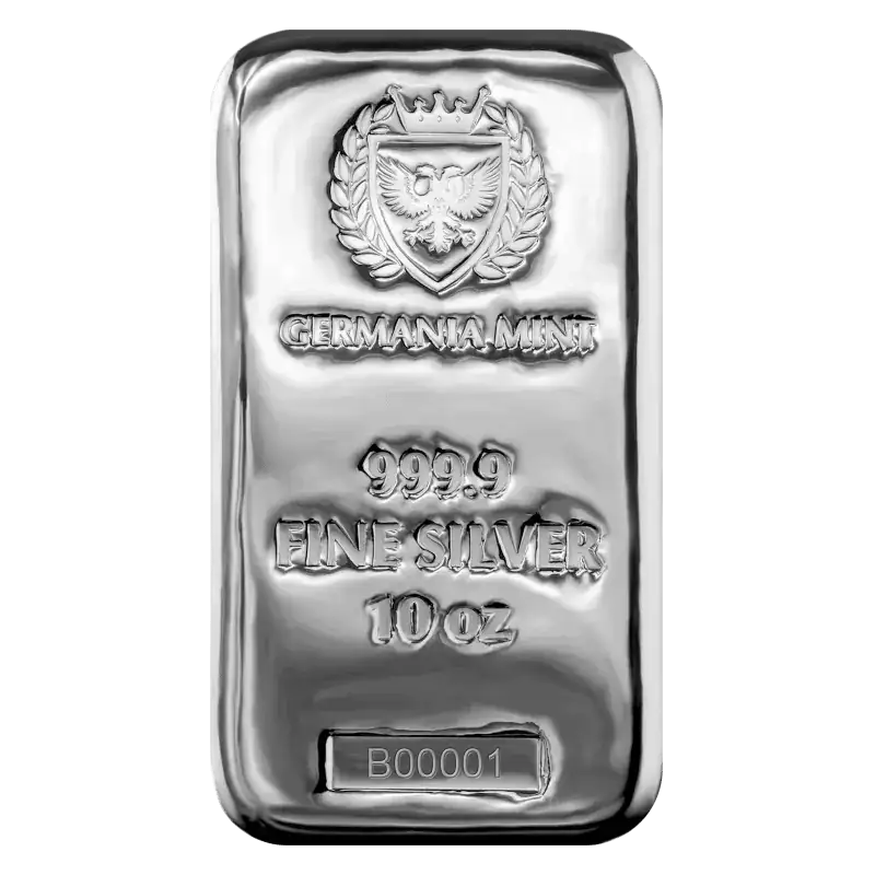 Germania Mint 10oz 999.9 Fine Silver Cast Bullion Bar with Crowned Eagle Emblem and Serial Number