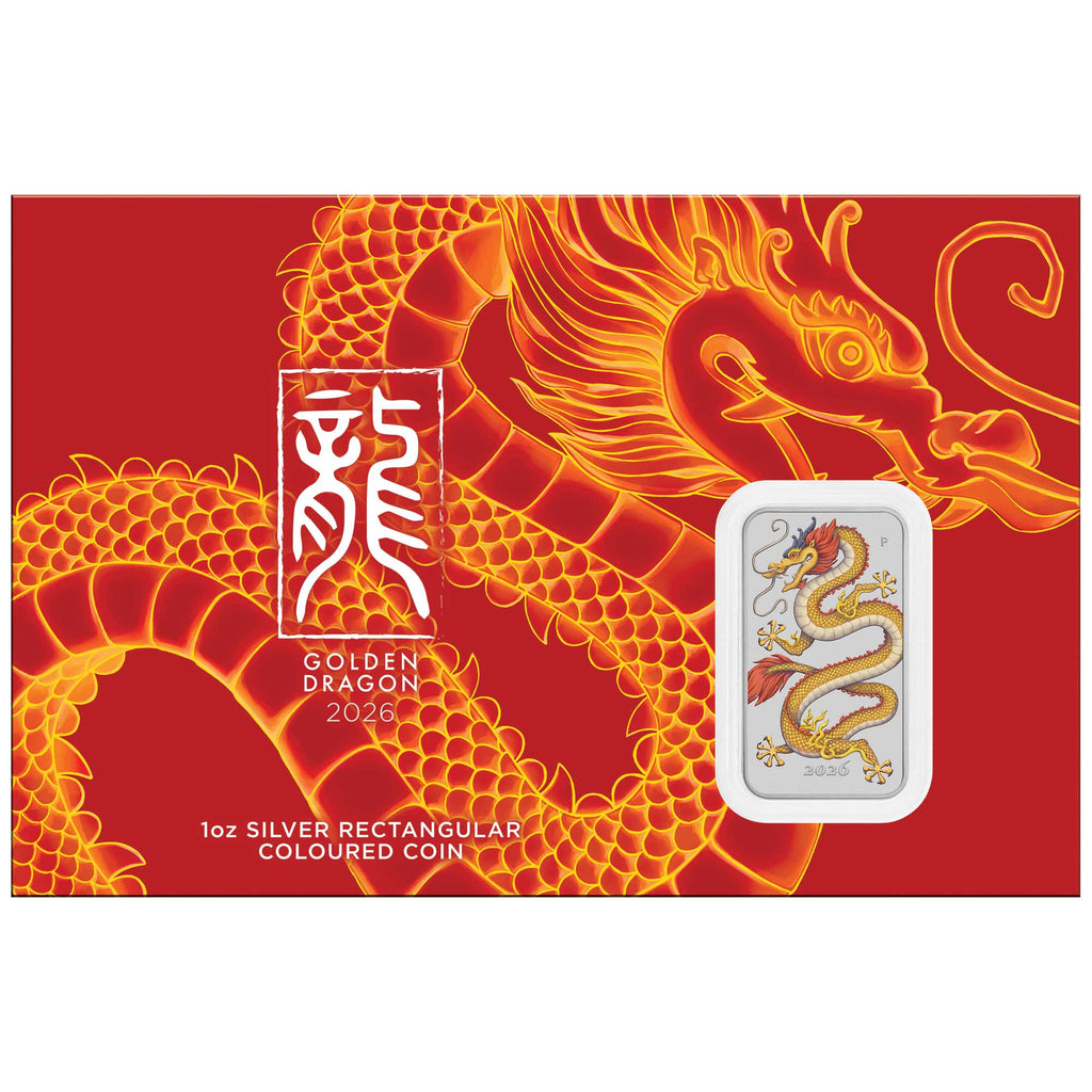 Golden Dragon 2026 1oz Silver Coloured Rectangular Coin in Card Perth Mint mintage 2500