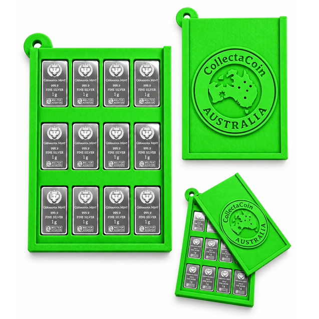 Green CollectaCoin Australia 3D printed wallet with 12 Germania Mint 1g .9999 fine silver bars and matching sliding logo cover