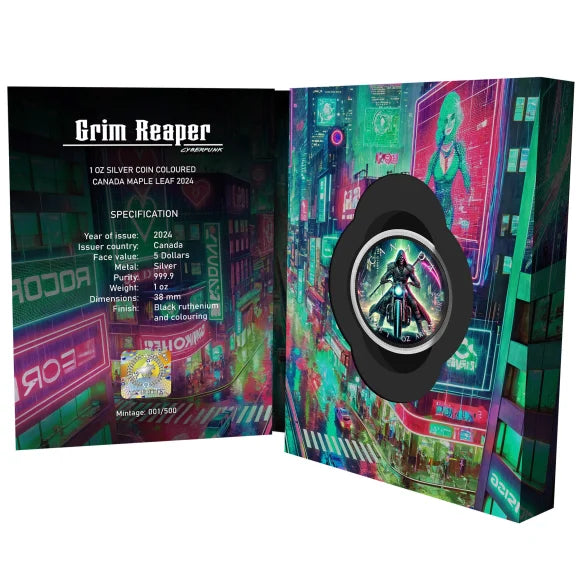 2024 Grim Reaper Cyberpunk 1oz Silver Coin – Black Ruthenium &Colour