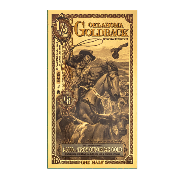 Oklahoma half Goldback Non-Alpha Aurum 24 karat gold foil note containing one two-thousandth troy ounce of gold