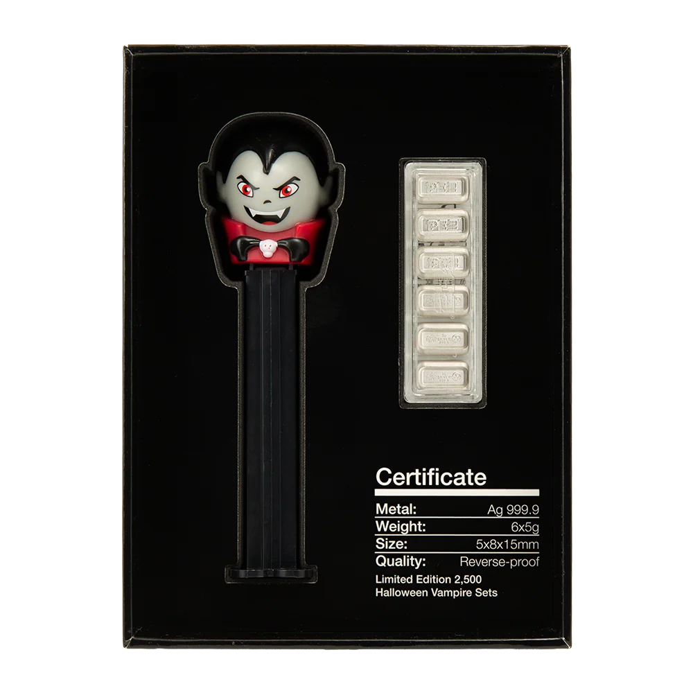2026 PEZ® Halloween Vampire Pure Silver Gift Set – 6 × 5g Silver | Limited Mintage 2,500