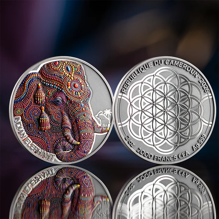Patterns of the World: Indian Elephant 2026 2 oz Silver Antique High Relief Coin - MINT XXI