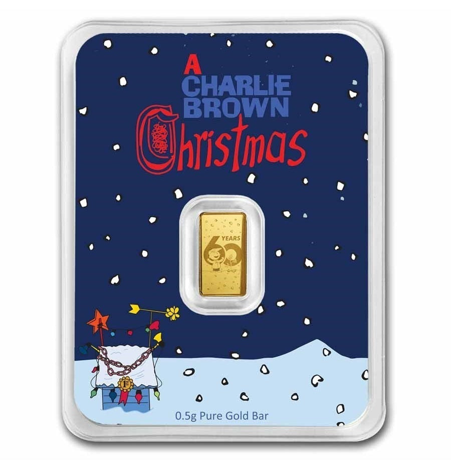Peanuts 60 Years of A Charlie Brown Christmas half gram gold bar commemorating the classic 1965 holiday television special