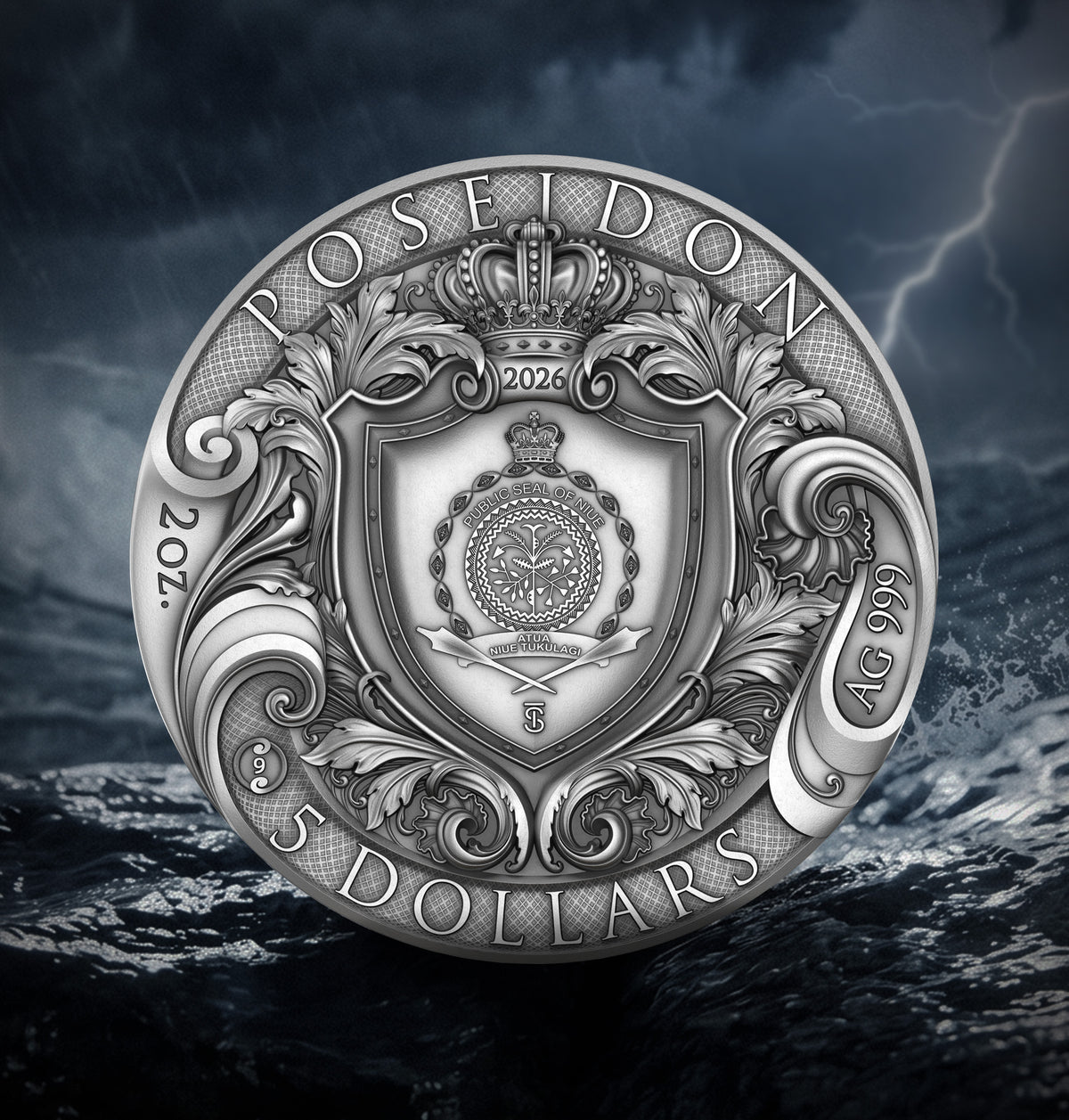 2026 Niue Poseidon Colorized 2 oz Silver Coin