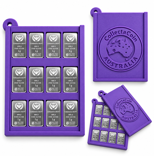 Purple CollectaCoin Australia 3D printed wallet with 12 Germania Mint 1g .9999 fine silver bars and matching sliding logo cover