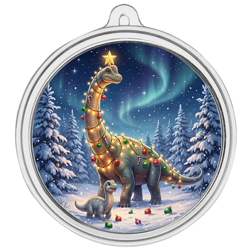 Scottsdale Mint Christmas Dinosaurs and Northern Lights 1 oz Silver Colorized Round Ornament