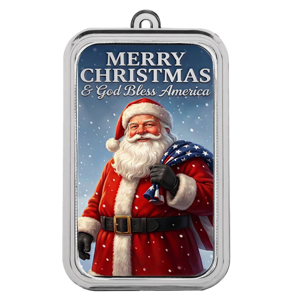 Scottsdale Mint God Bless America Santa 1 oz Silver Colorized Bar Christmas Ornament