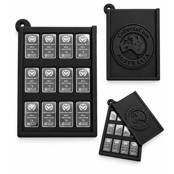 CollectaCoin Australia – 12 × 1g Germania Mint Silver Bars with Black Custom Wallet