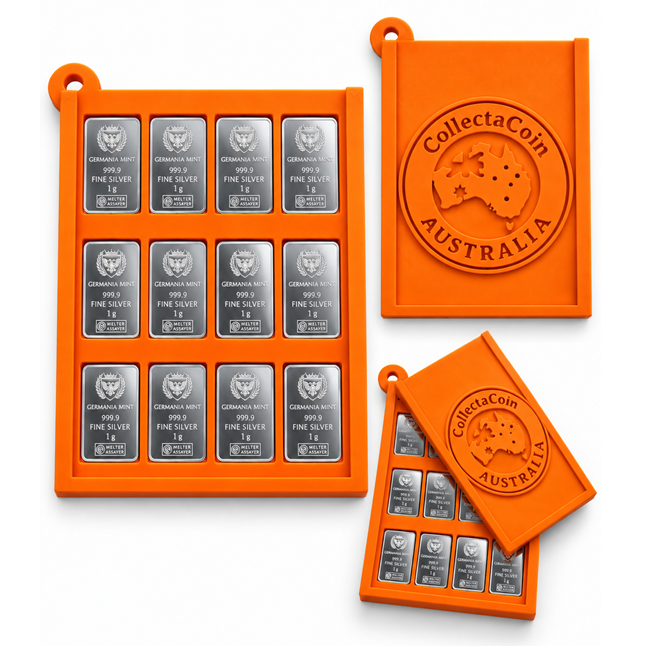 CollectaCoin Australia – 12 × 1g Germania Mint Silver Bars with Orange Custom Wallet