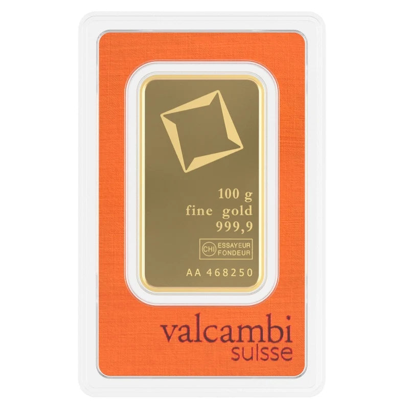 Valcambi Suisse 100 Gram Gold Bar – .9999 Fine Gold in Assay
