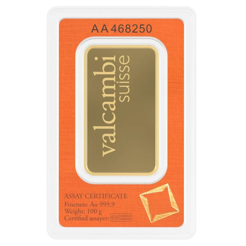 Valcambi Suisse 100 Gram Gold Bar – .9999 Fine Gold in Assay