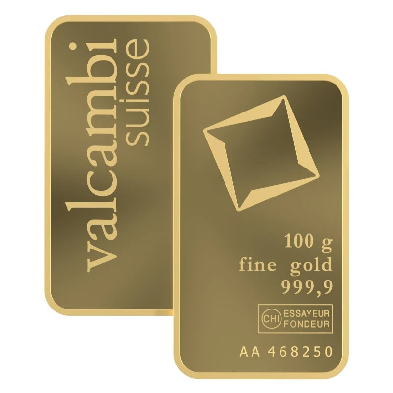 Valcambi Suisse 100 Gram Gold Bar – .9999 Fine Gold in Assay