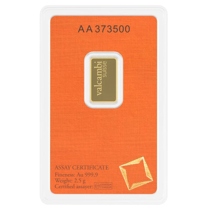 Valcambi Suisse 2.5 Gram Gold Bar – .9999 Fine Gold in Assay