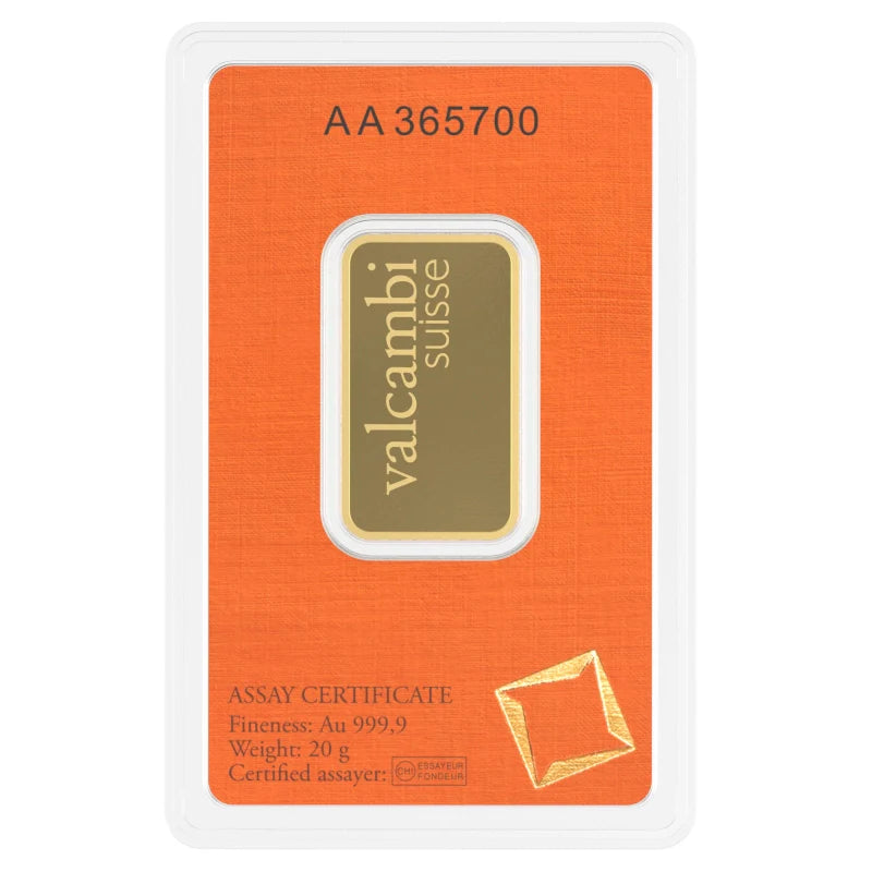 Valcambi Suisse 20 Gram Gold Bar – .9999 Fine Gold in Assay
