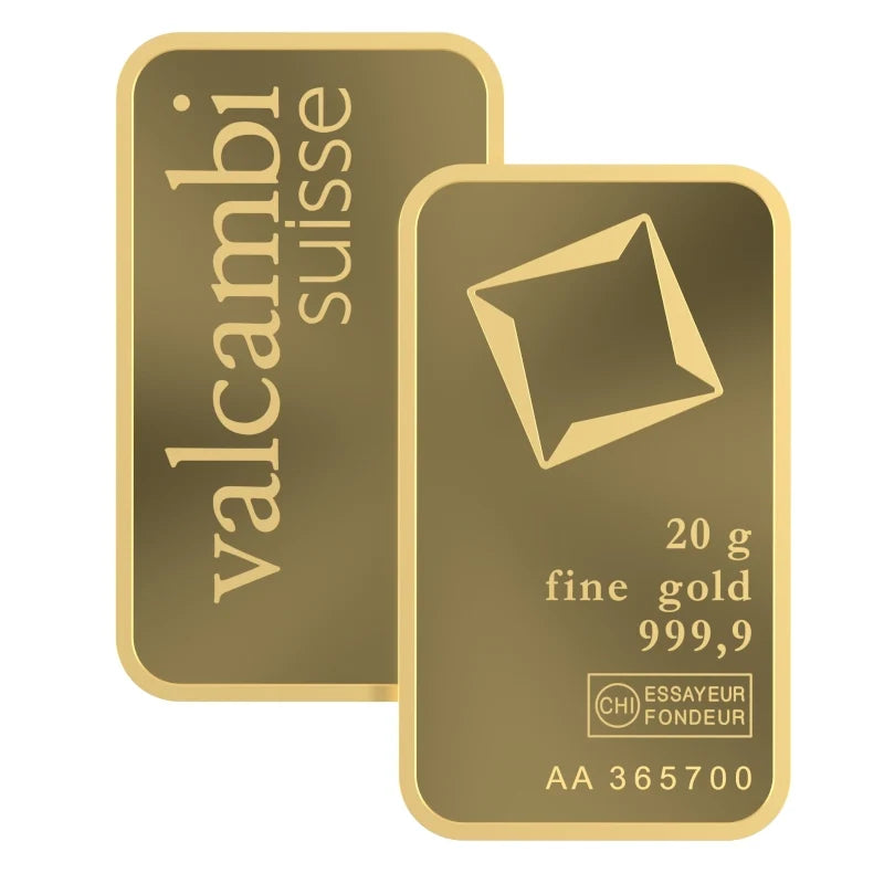 Valcambi Suisse 20 Gram Gold Bar – .9999 Fine Gold in Assay