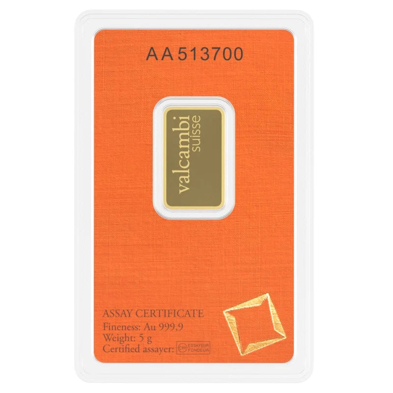 Valcambi Suisse 5 Gram Gold Bar – .9999 Fine Gold in Assay