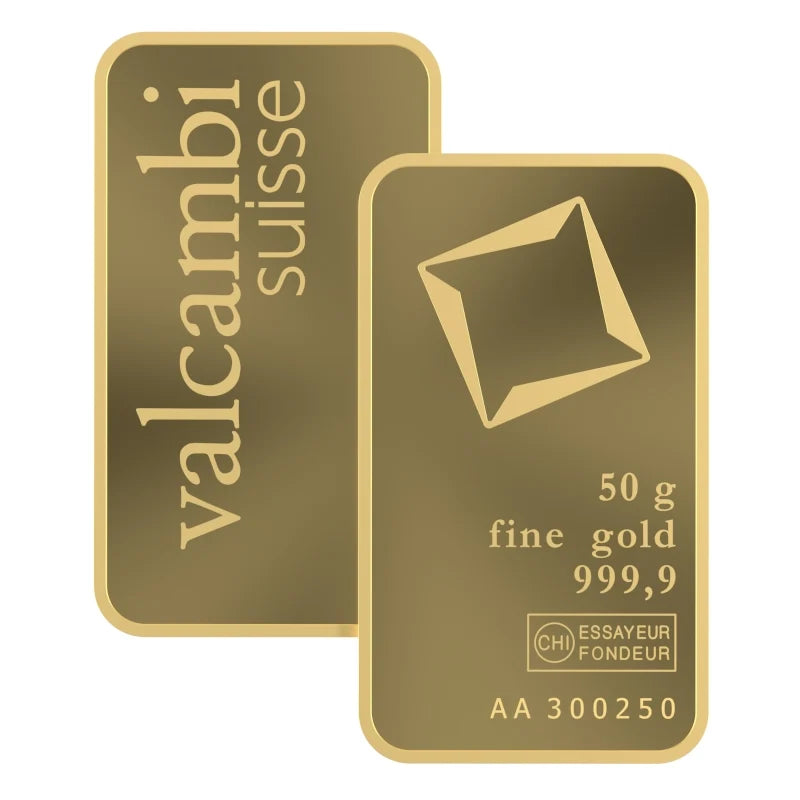 Valcambi Suisse 50 Gram Gold Bar – .9999 Fine Gold in Assay